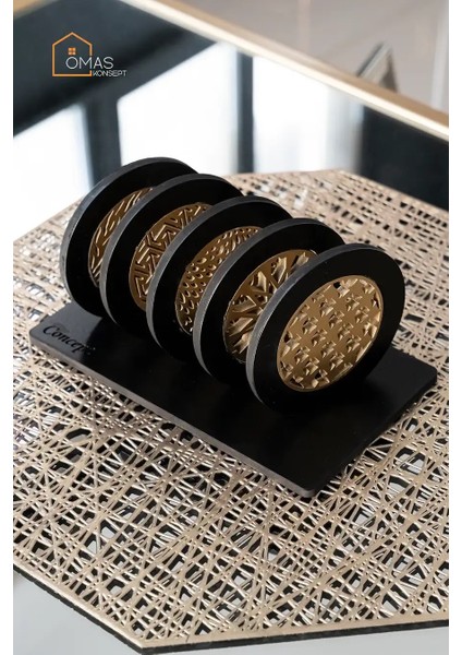 Dekoratif Ahşap Gold 5'li Bardak Altlığı ve Standı,ahşap Dekoratif Bardak Altlığı fırsatları