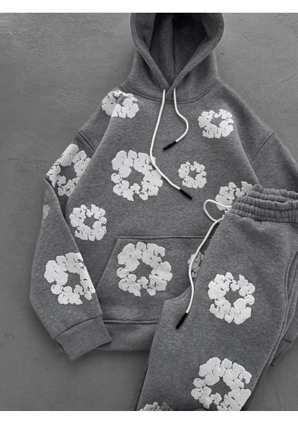 Oversıze Şardonlu Kapşonlu Eşofman Takım - Çiçek Desenli Sweatshırt Pantolon