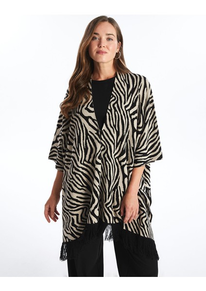 Yeni Sezon Şal Yaka Desenli Oversize Kadın Triko Panço