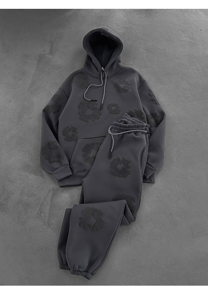 Oversıze Şardonlu Kapşonlu Eşofman Takım - Çiçek Desenli Sweatshırt Pantolon