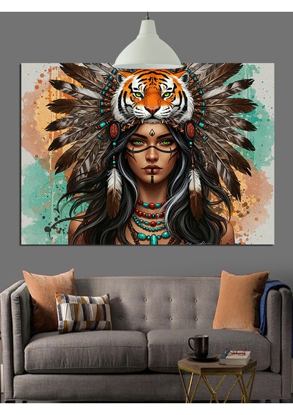 Kızılderili Tüylü Şapkalı Kadın Portresi Dekoratif Kanvas - Mdf Ahşap Tablo