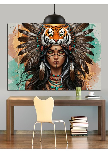 Kızılderili Tüylü Şapkalı Kadın Portresi Dekoratif Kanvas - Mdf Ahşap Tablo fiyatları