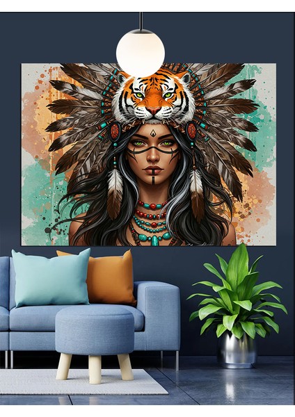 Kızılderili Tüylü Şapkalı Kadın Portresi Dekoratif Kanvas - Mdf Ahşap Tablo modelleri