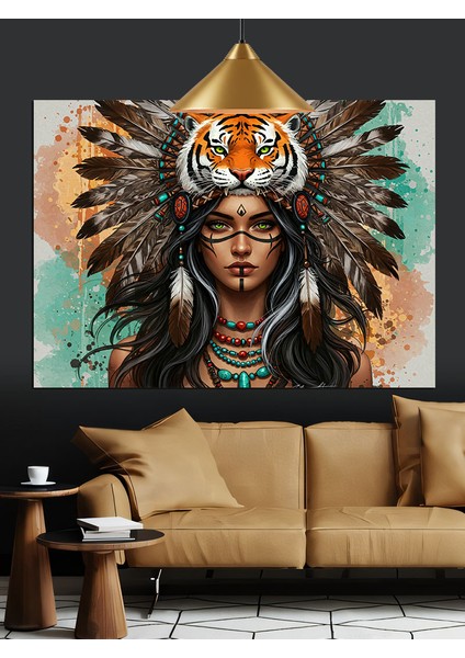 Kızılderili Tüylü Şapkalı Kadın Portresi Dekoratif Kanvas - Mdf Ahşap Tablo fırsatları