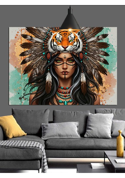 Kızılderili Tüylü Şapkalı Kadın Portresi Dekoratif Kanvas - Mdf Ahşap Tablo indirimleri