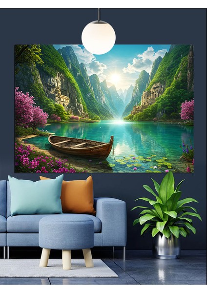 Yeşil Ormanda Sakin Kürekli Tekne Dekoratif Kanvas - Mdf Ahşap Tablo