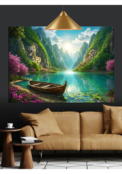 Yeşil Ormanda Sakin Kürekli Tekne Dekoratif Kanvas - Mdf Ahşap Tablo fiyatları