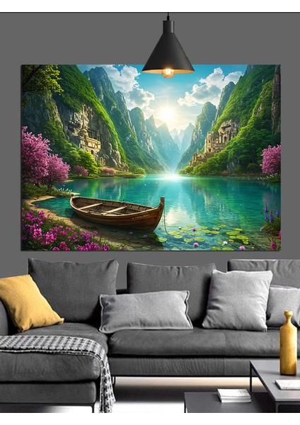 Yeşil Ormanda Sakin Kürekli Tekne Dekoratif Kanvas - Mdf Ahşap Tablo modelleri