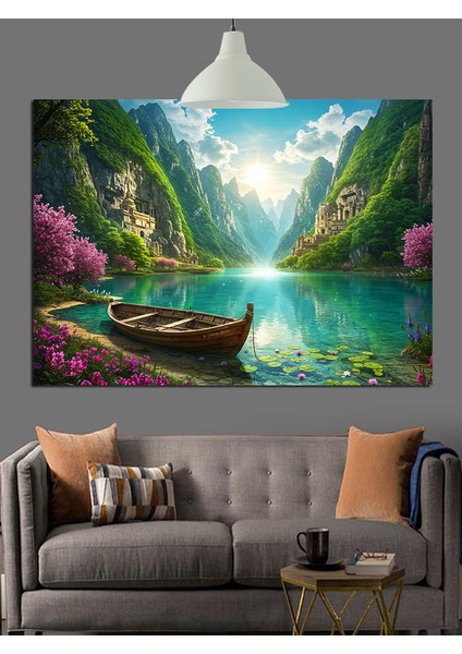 Yeşil Ormanda Sakin Kürekli Tekne Dekoratif Kanvas - Mdf Ahşap Tablo fırsatları