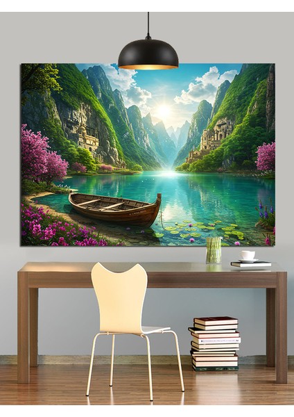 Yeşil Ormanda Sakin Kürekli Tekne Dekoratif Kanvas - Mdf Ahşap Tablo indirimleri