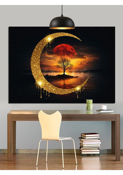 Hilal Ay ve Hayat Ağacı Dekoratif Kanvas - Mdf Ahşap Tablo