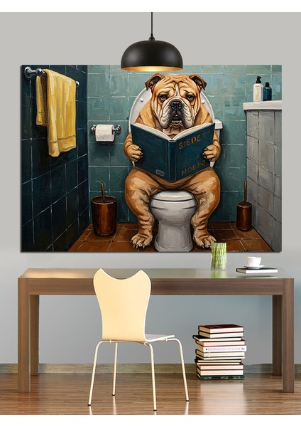Kitap Okuyan Köpek Banyo Tuvalet Sahnesi Dekoratif Kanvas - Mdf Ahşap Tablo