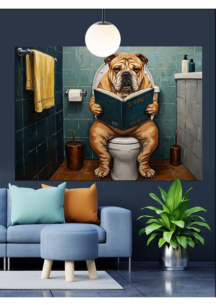 Kitap Okuyan Köpek Banyo Tuvalet Sahnesi Dekoratif Kanvas - Mdf Ahşap Tablo fiyatları