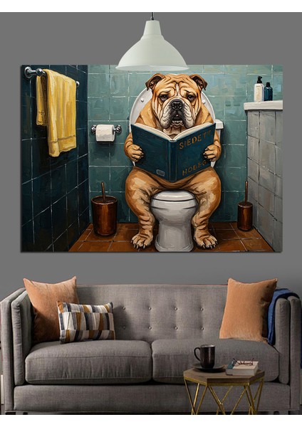 Kitap Okuyan Köpek Banyo Tuvalet Sahnesi Dekoratif Kanvas - Mdf Ahşap Tablo indirimleri