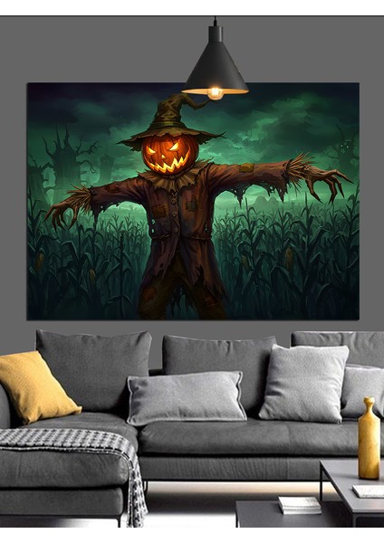 Korkuluk Kafalı Cadılar Bayramı Figürü Dekoratif Kanvas - Mdf Ahşap Tablo