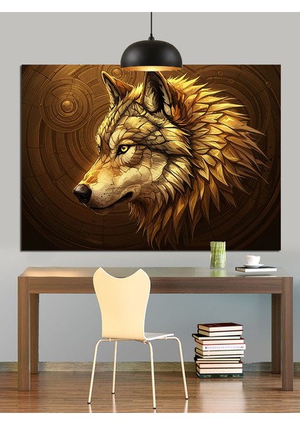 Altın Parlaklıkta Kurt Başı Portresi Dekoratif Kanvas - Mdf Ahşap Tablo