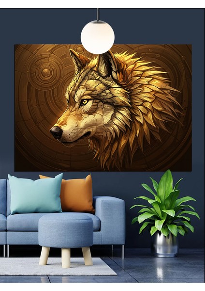 Altın Parlaklıkta Kurt Başı Portresi Dekoratif Kanvas - Mdf Ahşap Tablo fiyatları