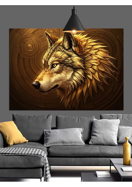 Altın Parlaklıkta Kurt Başı Portresi Dekoratif Kanvas - Mdf Ahşap Tablo fırsatları