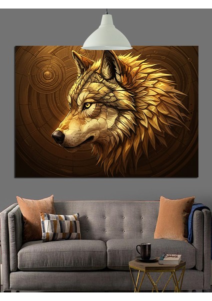 Altın Parlaklıkta Kurt Başı Portresi Dekoratif Kanvas - Mdf Ahşap Tablo indirimleri