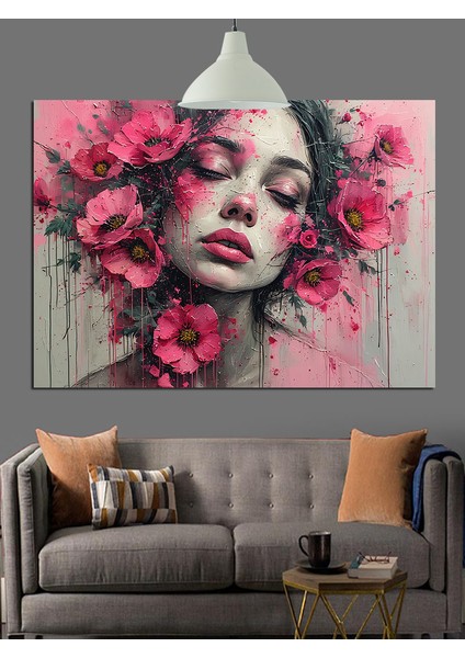 Çiçeklerle Çevrili Kadın Yüzü Portresi Dekoratif Kanvas - Mdf Ahşap Tablo
