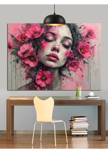 Çiçeklerle Çevrili Kadın Yüzü Portresi Dekoratif Kanvas - Mdf Ahşap Tablo fiyatları