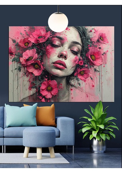 Çiçeklerle Çevrili Kadın Yüzü Portresi Dekoratif Kanvas - Mdf Ahşap Tablo modelleri