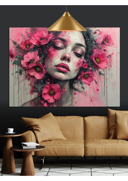 Çiçeklerle Çevrili Kadın Yüzü Portresi Dekoratif Kanvas - Mdf Ahşap Tablo fırsatları