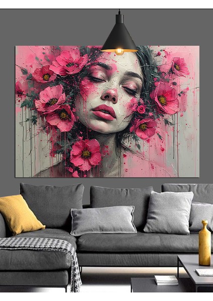 Çiçeklerle Çevrili Kadın Yüzü Portresi Dekoratif Kanvas - Mdf Ahşap Tablo indirimleri