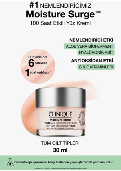 Clinique Moisture Surge 100 Saat Etkili Nemlendirici Yüz Kremi 30ML | Aloe Vera Bioferment, Hyalüronik Asit