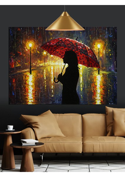 Yağmurda Şemsiyeli Kadın Sokak Lambası Dekoratif Kanvas - Mdf Ahşap Tablo