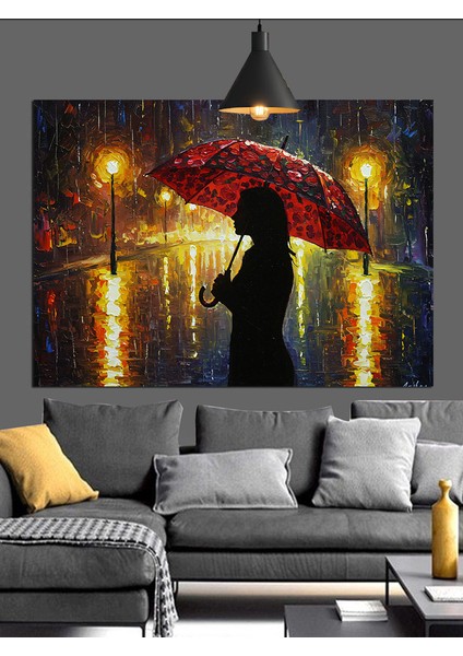 Yağmurda Şemsiyeli Kadın Sokak Lambası Dekoratif Kanvas - Mdf Ahşap Tablo fiyatları