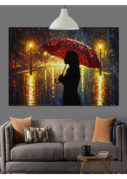 Yağmurda Şemsiyeli Kadın Sokak Lambası Dekoratif Kanvas - Mdf Ahşap Tablo modelleri