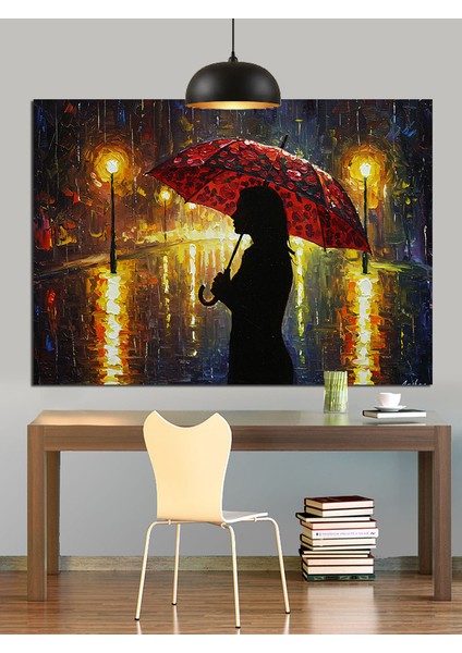 Yağmurda Şemsiyeli Kadın Sokak Lambası Dekoratif Kanvas - Mdf Ahşap Tablo fırsatları