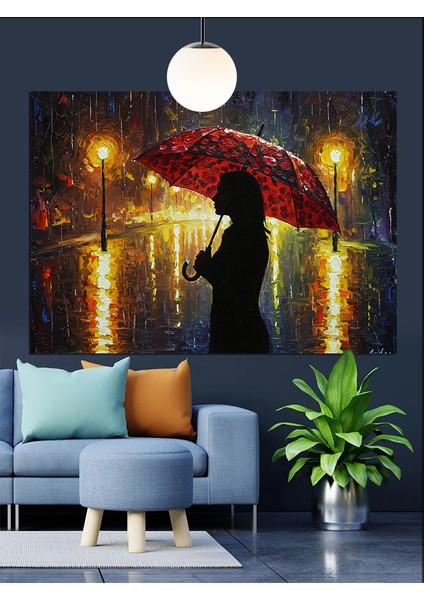 Yağmurda Şemsiyeli Kadın Sokak Lambası Dekoratif Kanvas - Mdf Ahşap Tablo indirimleri