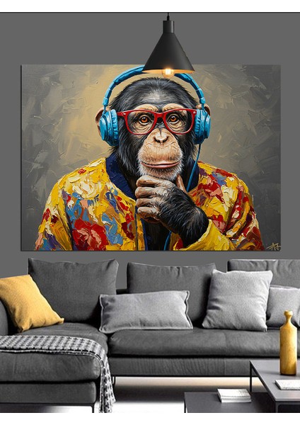Kulaklık Takmış Şempanze Portresi Dekoratif Kanvas - Mdf Ahşap Tablo