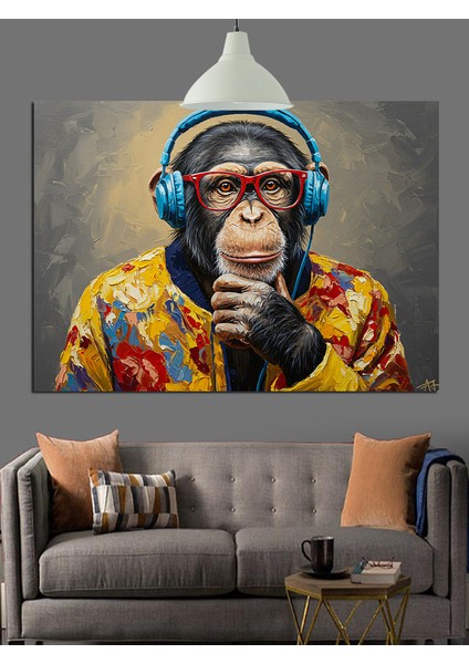Kulaklık Takmış Şempanze Portresi Dekoratif Kanvas - Mdf Ahşap Tablo fiyatları
