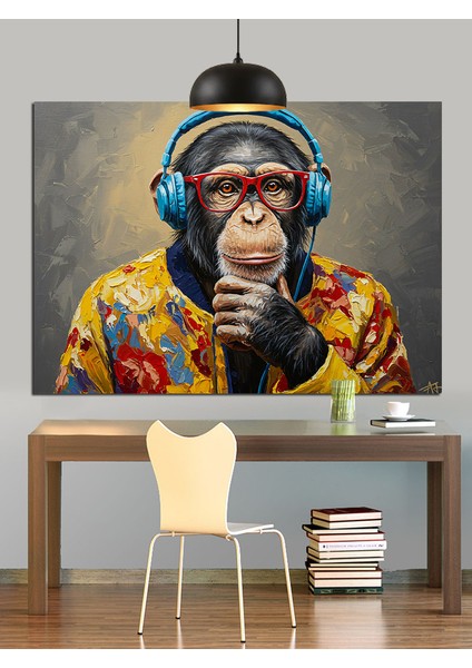 Kulaklık Takmış Şempanze Portresi Dekoratif Kanvas - Mdf Ahşap Tablo modelleri
