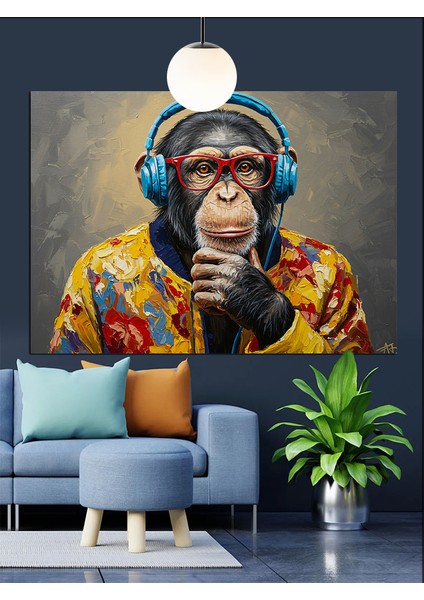 Kulaklık Takmış Şempanze Portresi Dekoratif Kanvas - Mdf Ahşap Tablo fırsatları