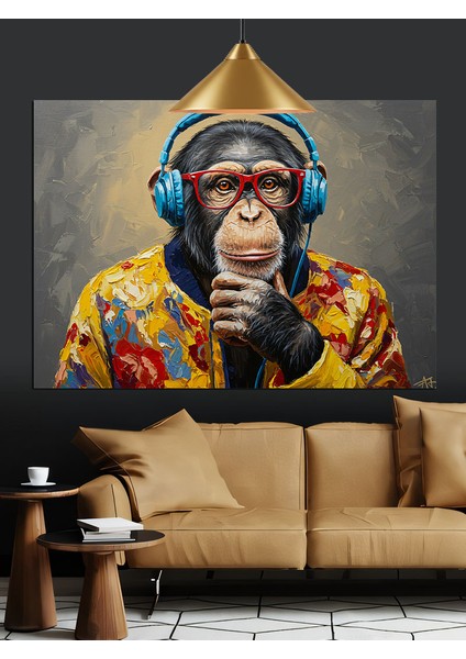 Kulaklık Takmış Şempanze Portresi Dekoratif Kanvas - Mdf Ahşap Tablo indirimleri