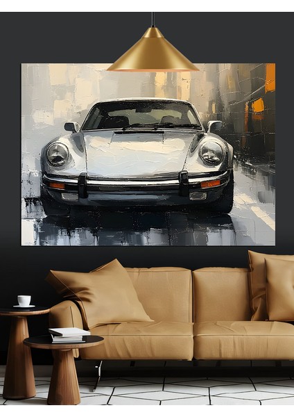 Beyaz Spor Araba Yolda Hızla Dekoratif Kanvas - Mdf Ahşap Tablo