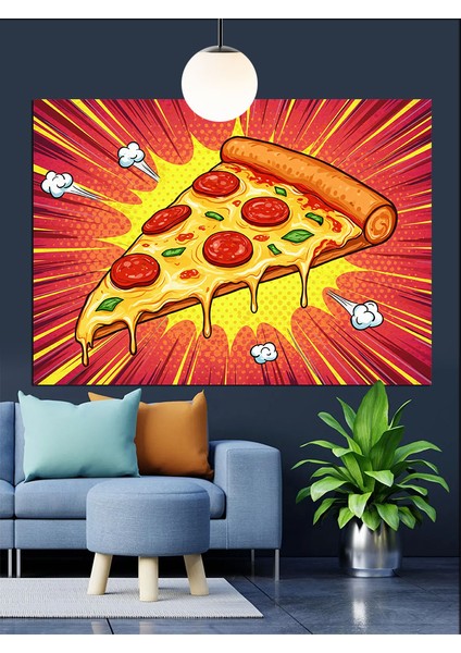 Uçuşan Dilimli Italyan Pizza Görseli Dekoratif Kanvas - Mdf Ahşap Tablo
