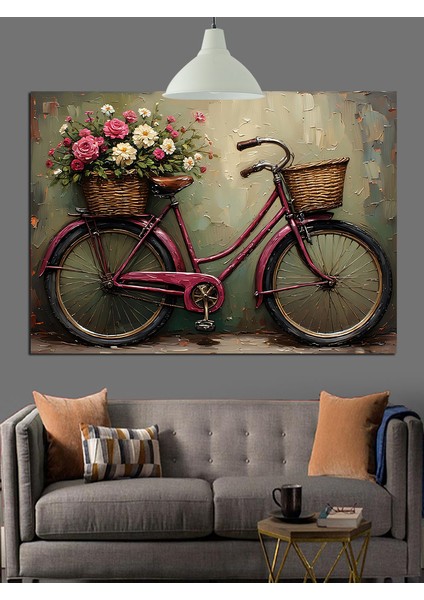 Çiçek Sepetli Klasik Bisiklet Illüstrasyonu Dekoratif Kanvas - Mdf Ahşap Tablo