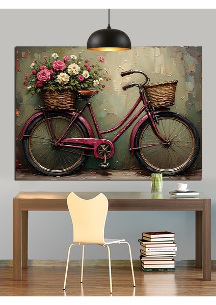 Çiçek Sepetli Klasik Bisiklet Illüstrasyonu Dekoratif Kanvas - Mdf Ahşap Tablo fiyatları