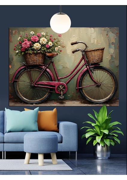 Çiçek Sepetli Klasik Bisiklet Illüstrasyonu Dekoratif Kanvas - Mdf Ahşap Tablo modelleri
