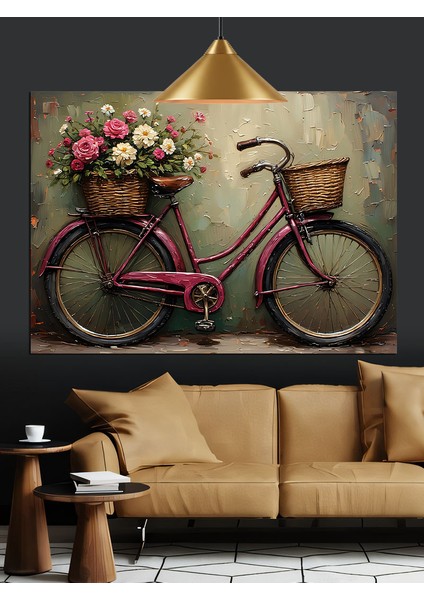 Çiçek Sepetli Klasik Bisiklet Illüstrasyonu Dekoratif Kanvas - Mdf Ahşap Tablo fırsatları