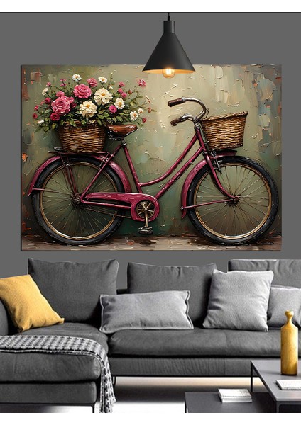Çiçek Sepetli Klasik Bisiklet Illüstrasyonu Dekoratif Kanvas - Mdf Ahşap Tablo indirimleri