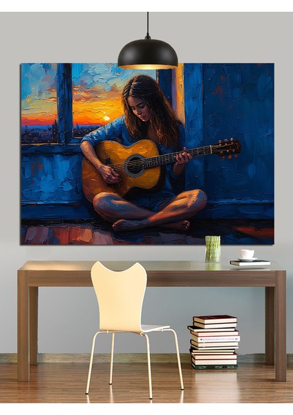 Gitar Çalan Uzun Saçlı Genç Kız Dekoratif Kanvas - Mdf Ahşap Tablo fiyatları
