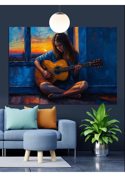 Gitar Çalan Uzun Saçlı Genç Kız Dekoratif Kanvas - Mdf Ahşap Tablo modelleri