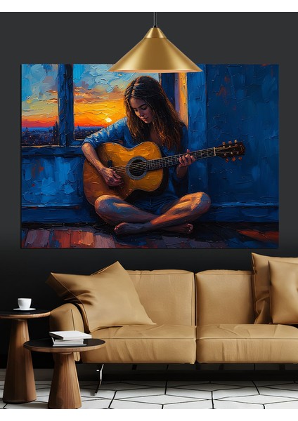 Gitar Çalan Uzun Saçlı Genç Kız Dekoratif Kanvas - Mdf Ahşap Tablo fırsatları