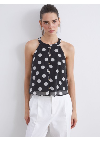 Yeni Sezon Halter Yaka Puantiyeli Bluz